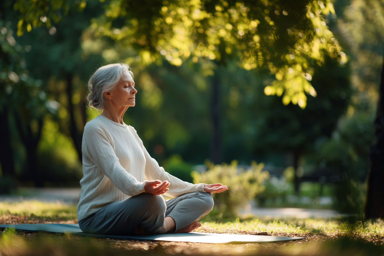 Літня жінка практикує йогу на килимку